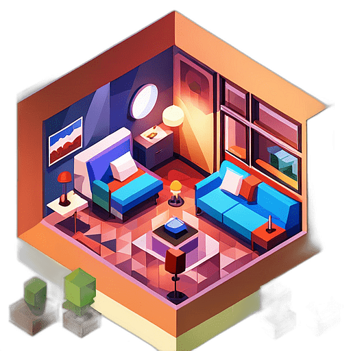 A backpacker's hostel courtyard where travelers share songs from their home countries on a shared guitar. low poly app icon