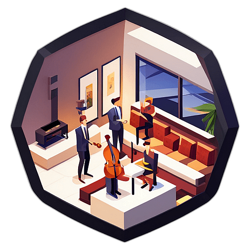 A penthouse party where a string quartet provides sophisticated background music. low poly app icon