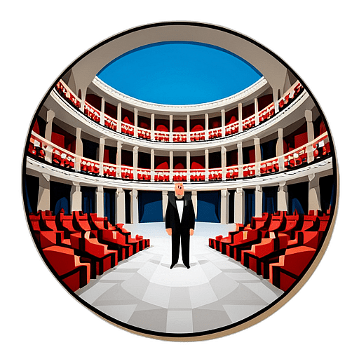 A historic theater showcasing an opera, with sopranos and tenors reaching incredible notes. low poly app icon