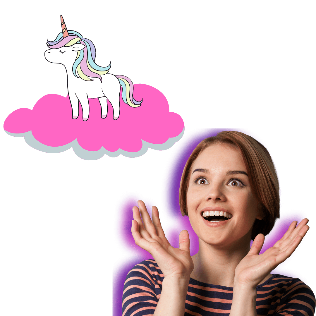 Happy Woman Surprised By A Unicorn On A Pink Fluffy Cloud