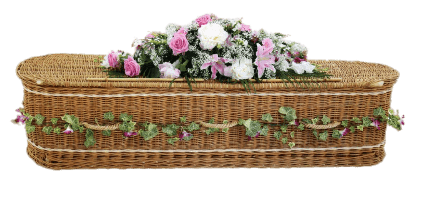 Woven Wicker Coffin Decorated With Flowers