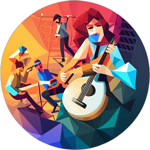 A crowded rock concert with fans headbanging to powerful guitar riffs. low poly app icon