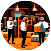 A brewery with a lively polka band, making patrons dance with their beer steins in hand. low poly app icon