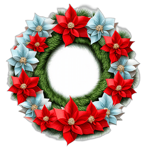 Glitzy Wreath With Sequined Poinsettias And Sparkling Tinsel, Minimalist - Single View, Decorated With Christmas Decorations On Differenct Colours, High Detail, No Shadow