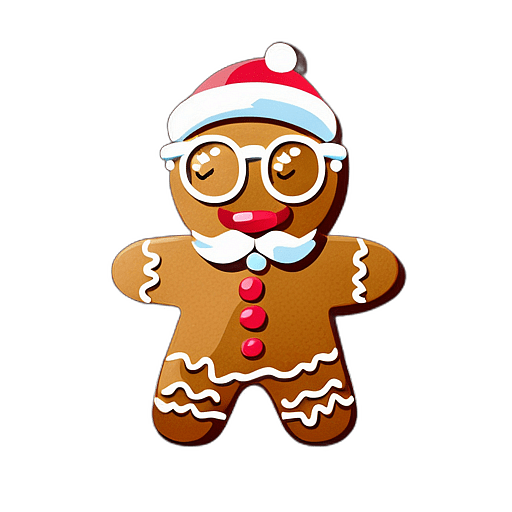 Gingerbread Man With A White Icing Beard And Glasses, Minimalist - Gingerbread Men, Decorated For Christmas, With Colorful Details And Icing, Single Item, No Shadow