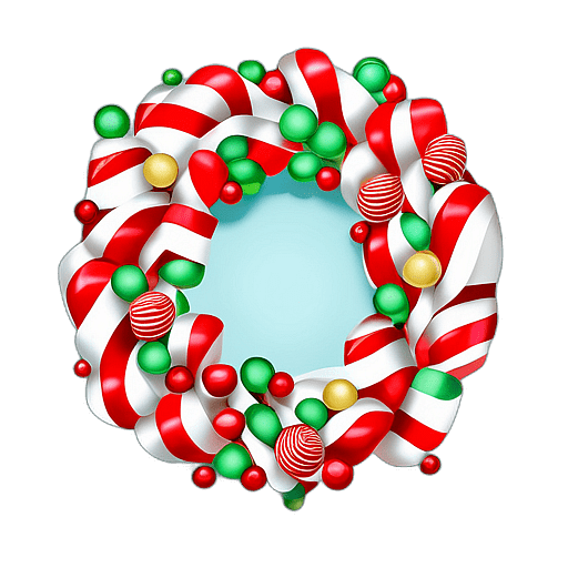 Whimsical Candy Cane Themed Wreath With Striped Ribbons And Sweets, Minimalist - Single View, Decorated With Christmas Decorations On Differenct Colours, High Detail, No Shadow