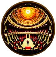 A grand orchestra playing classical masterpieces in a majestic concert hall. low poly app icon