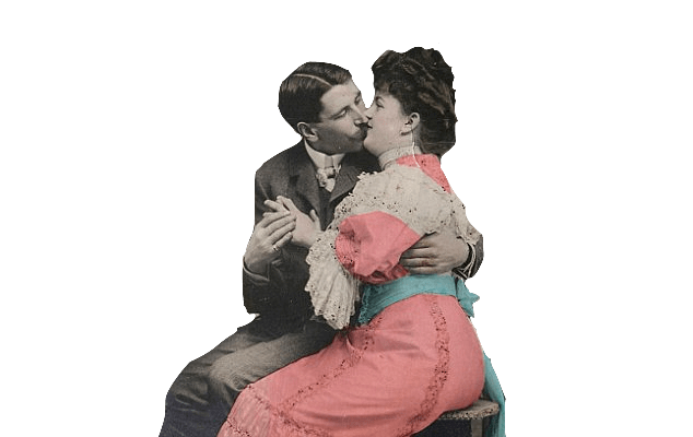 Two Victorian Lovers Gently Kissing Each Other On A Bench