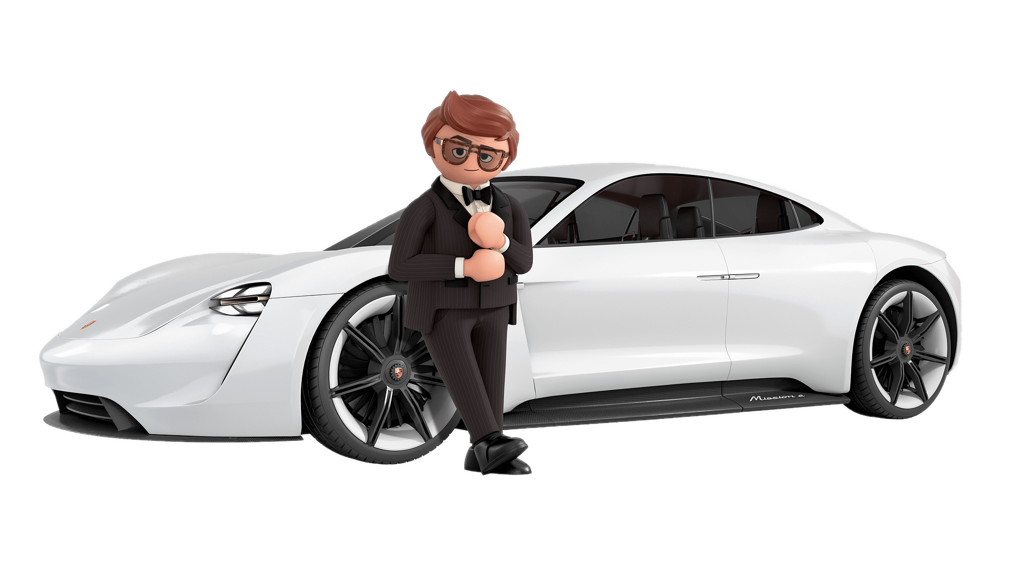 Playmobil Movie Rex Dasher in front of his Porsche Mission