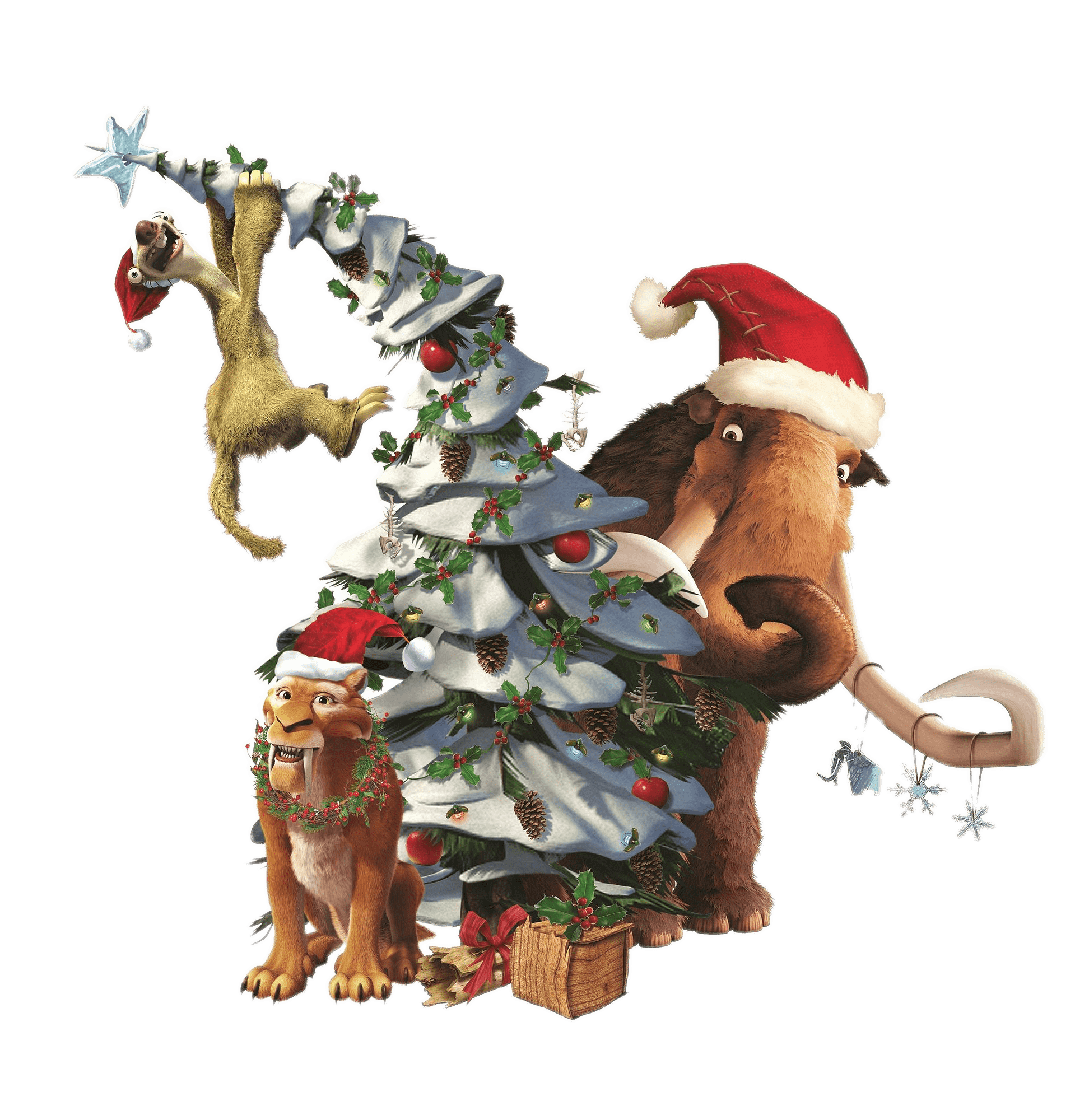 Ice Age characters around the Christmas Tree