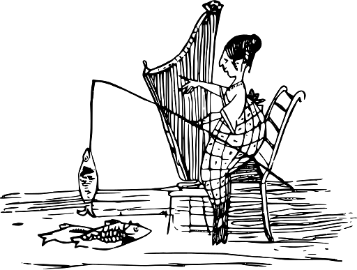 Edward Lear Drawing Mermaid Fishing While Playing the Harp