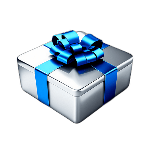 Small Cube-Shaped Present In Shiny Silver Wrapping Topped With A Blue Bow, Minimalist - Single Christmas Present, Wrapped In Exquisite Festive Wrapping, Minimalist, No Shadow