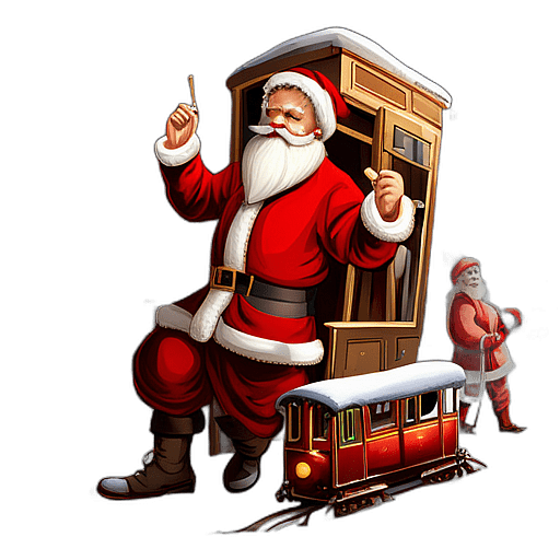 Santa Claus With A Toy Train Set, Wearing A Conductor'S Hat, Classic - Detailed Figure Of A Classic Santa Claus, Emphasis On Colors And Festive Attributes, Full Body Figure In The Middle Of The Frame, High Detail, White Background, No Shadow