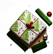 Slim, Book-Sized Gift In Reindeer Print Wrapping Paper With A Green Bow, Minimalist - Single Christmas Present, Wrapped In Exquisite Festive Wrapping, Minimalist, No Shadow