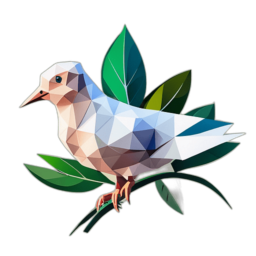 Geometric Design Of A Dove, Sharp Edges, With A Sleek Olive Twig., In The Style Of A Cartoon Animation Character - Full Body, Single View, No Shadow