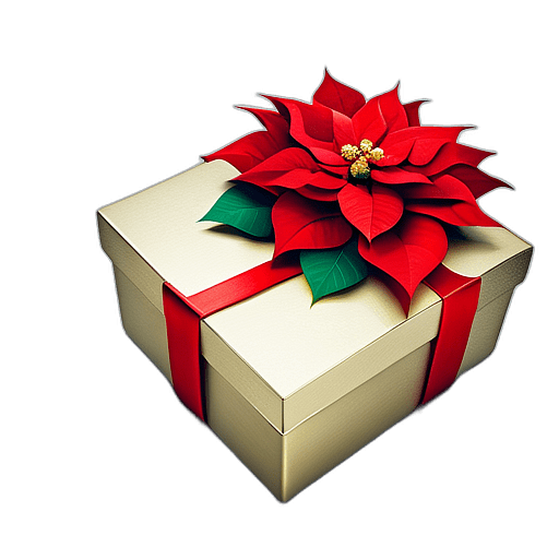 Square Box In Gold Foil Paper With A Big Red Poinsettia Flower On Top, Minimalist - Single Christmas Present, Wrapped In Exquisite Festive Wrapping, Minimalist, No Shadow