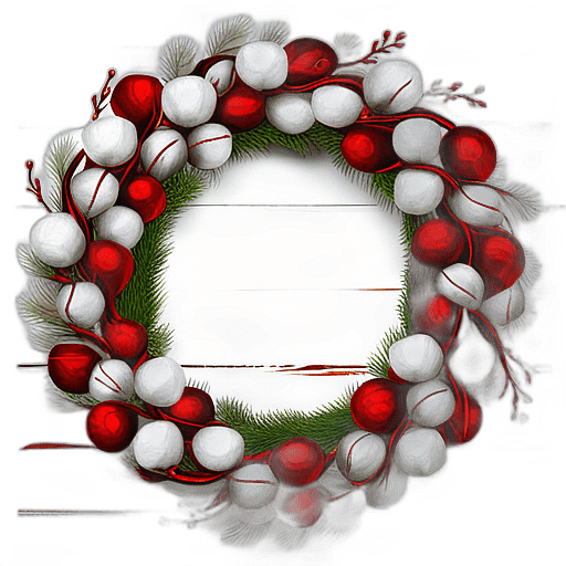 Farmhouse Chic Wreath With Cotton Bolls, Gingham Check, And Distressed Wood Sign, Minimalist - Single View, Decorated With Christmas Decorations On Differenct Colours, High Detail, No Shadow
