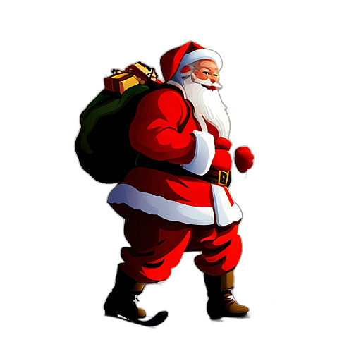 Santa Claus Figure Skiing Down A Snowy Hill With Gifts, Classic - Detailed Figure Of A Classic Santa Claus, Emphasis On Colors And Festive Attributes, Full Body Figure In The Middle Of The Frame, High Detail, White Background, No Shadow