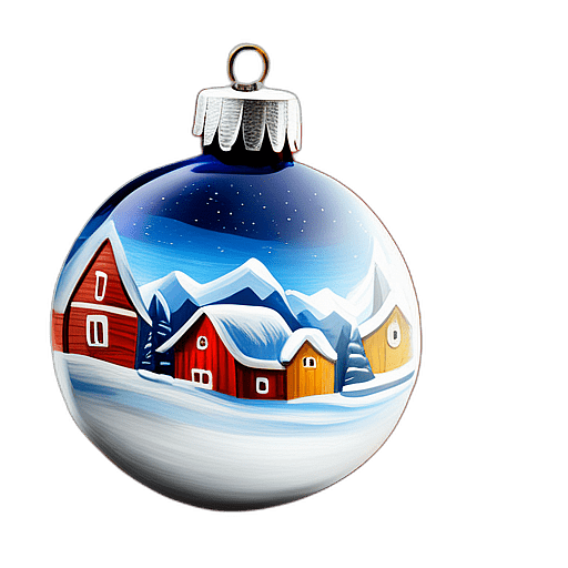 Hand-Painted Blue Bauble With A Winter Village Scene, Minimalist - Single Item, Decorated Christmas Bauble, High Detail, No Shadow