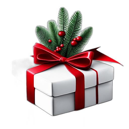 Large Gift In Glossy White Paper With A Red Velvet Ribbon And Holly Decoration, Minimalist - Single Christmas Present, Wrapped In Exquisite Festive Wrapping, Minimalist, No Shadow