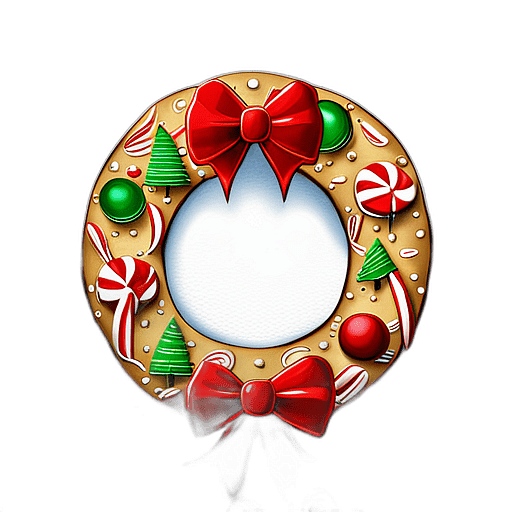 Gingerbread Man Adorned Wreath With Checkered Bows And Candy Canes, Minimalist - Single View, Decorated With Christmas Decorations On Differenct Colours, High Detail, No Shadow