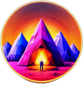 A desert festival where psychedelic rock bands play under a starlit sky. low poly app icon