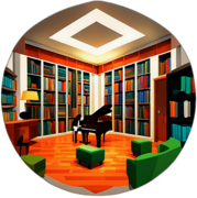 A local library hosting a chamber music evening, where the notes bounce off walls of books. low poly app icon