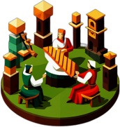 A renaissance festival with harpists and flutists playing melodies of old. low poly app icon
