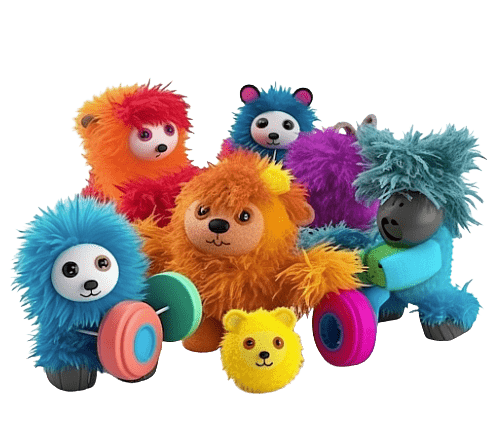 set of colourful fluffy toys