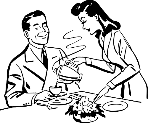 Woman Serving Tea To Husband Retro Illustration