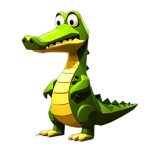Alligator, Cartoon Character - In The Style Of Pixar, Single View, No Shadow
