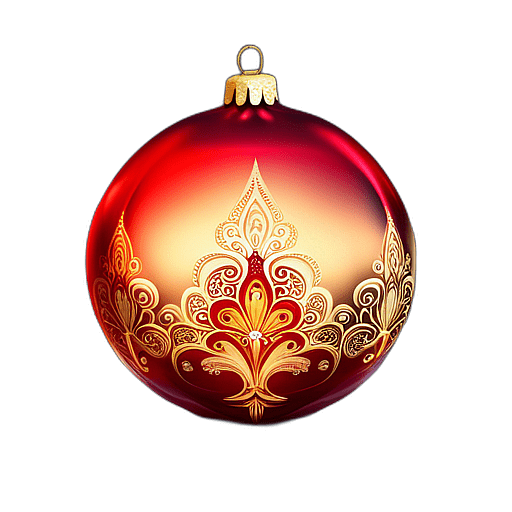 Glossy Red Bauble With Delicate Gold Filigree Patterns, Minimalist - Single Item, Decorated Christmas Bauble, High Detail, No Shadow