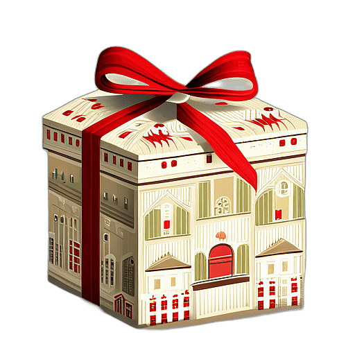 Rectangular Box In Vintage-Style Christmas Village Print With A Burlap Tie, Minimalist - Single Christmas Present, Wrapped In Exquisite Festive Wrapping, Minimalist, No Shadow