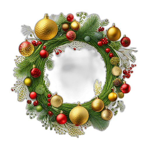 Sunburst Wreath With Golden Twigs Radiating From A Circle Of Greenery, Minimalist - Single View, Decorated With Christmas Decorations On Differenct Colours, High Detail, No Shadow