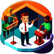 An elementary school recital where children play simple melodies on their recorders and xylophones. low poly app icon