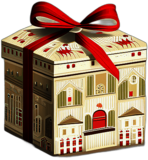 Rectangular Box In Vintage-Style Christmas Village Print With A Burlap Tie, Minimalist - Single Christmas Present, Wrapped In Exquisite Festive Wrapping, Minimalist, No Shadow