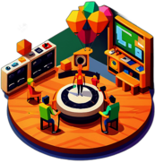 A lively children's party with a band playing catchy tunes making every toddler bop to the beat. low poly app icon