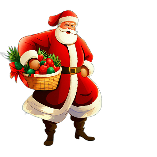 Santa Claus With A Basket Of Fruit, Celebrating A Tropical Christmas, Classic - Detailed Figure Of A Classic Santa Claus, Emphasis On Colors And Festive Attributes, Full Body Figure In The Middle Of The Frame, High Detail, White Background, No Shadow