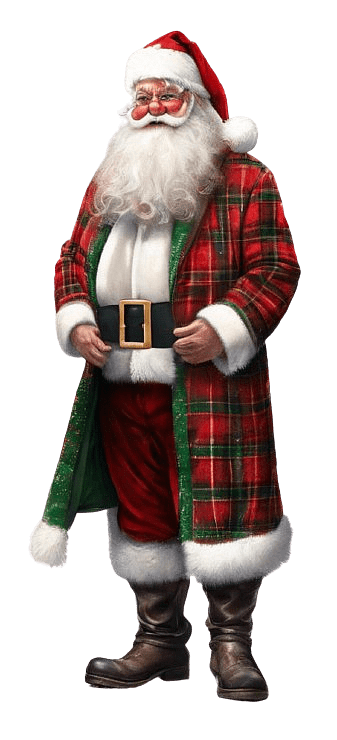 Santa Claus in a Red and Green Plaid Coat