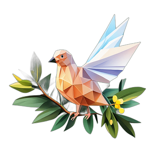 Origami Style Peace Dove, Paper Folds, Holding An Olive Branch., In The Style Of A Cartoon Animation Character - Full Body, Single View, No Shadow