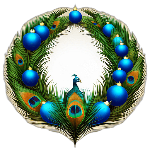 Luxurious Wreath Featuring Peacock Feathers And Teal Ornaments, Minimalist - Single View, Decorated With Christmas Decorations On Differenct Colours, High Detail, No Shadow