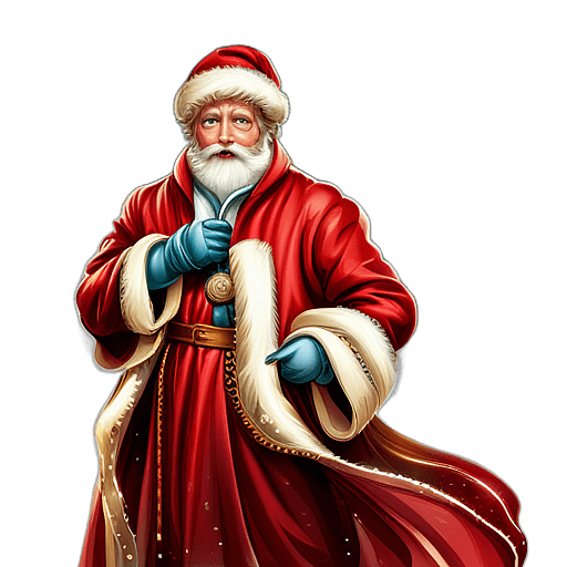 Father Christmas Style Santa Claus With A Long, Flowing Robe, Classic - Detailed Figure Of A Classic Santa Claus, Emphasis On Colors And Festive Attributes, Full Body Figure In The Middle Of The Frame, High Detail, White Background, No Shadow