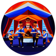 A bustling oktoberfest tent with an oompah band playing festive german tunes. low poly app icon