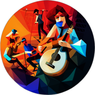 A crowded rock concert with fans headbanging to powerful guitar riffs. low poly app icon