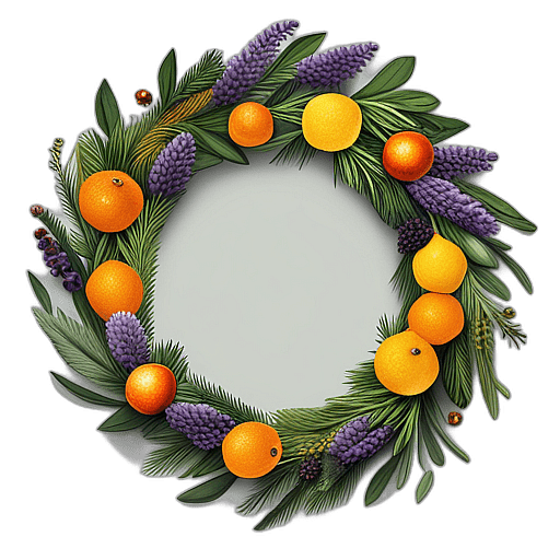 Scented Lavender And Rosemary Wreath With Dried Citrus Slices, Minimalist - Single View, Decorated With Christmas Decorations On Differenct Colours, High Detail, No Shadow