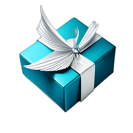 Gift Box In Light Blue Wrapping Paper With Silver Angel Wing Decoration, Minimalist - Single Christmas Present, Wrapped In Exquisite Festive Wrapping, Minimalist, No Shadow