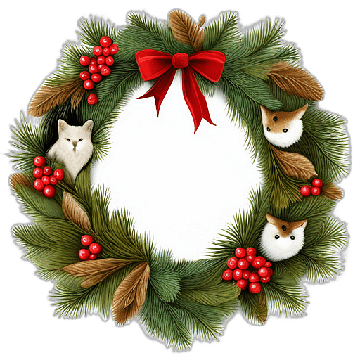 Woodland Wreath With Faux Fur Trim, Forest Creatures, And Berries, Minimalist - Single View, Decorated With Christmas Decorations On Differenct Colours, High Detail, No Shadow