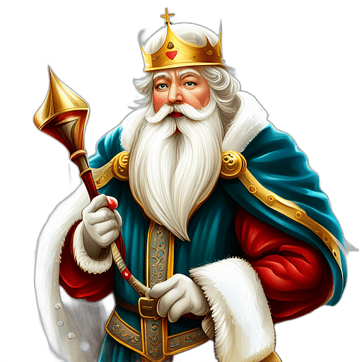 Santa Claus With A Crown, As The King Of The North Pole, Classic - Detailed Figure Of A Classic Santa Claus, Emphasis On Colors And Festive Attributes, Full Body Figure In The Middle Of The Frame, High Detail, White Background, No Shadow
