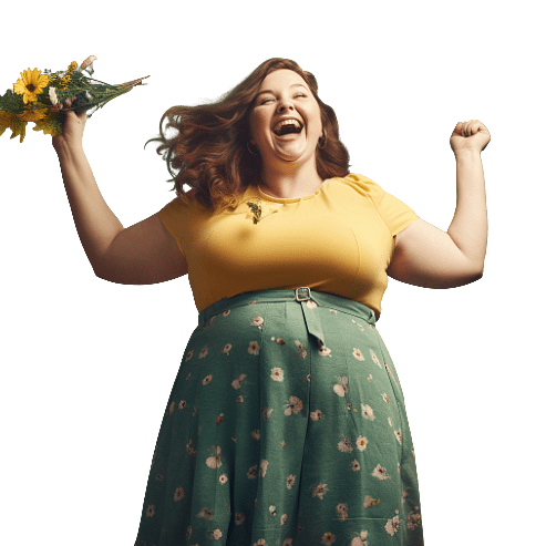 Happy Woman Jumping With Flower Bouquet