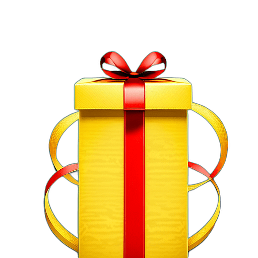 Tall Gift In A Bright Yellow Paper With A Smiley Face And A Curly Red Ribbon, Minimalist - Single Christmas Present, Wrapped In Exquisite Festive Wrapping, Minimalist, No Shadow